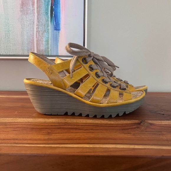 Fly London Yuta Wedge Lace-up Sandals Yellow Leather size 40 (9) - Picture 1 of 7